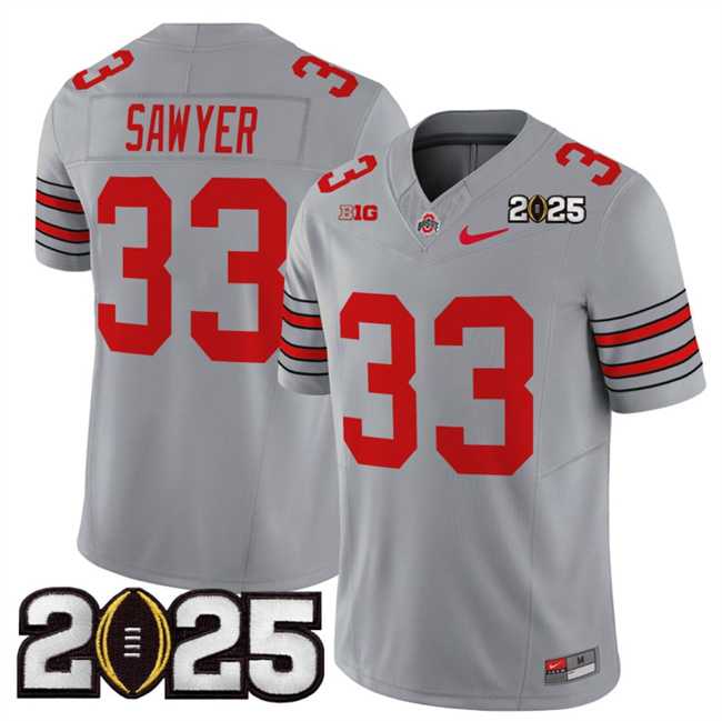 Men%27s Ohio State Buckeyes #33 Jack Sawyer Grey 2025 CFP Final Patch F.U.S.E. Vapor Limited Stitched Football Jersey